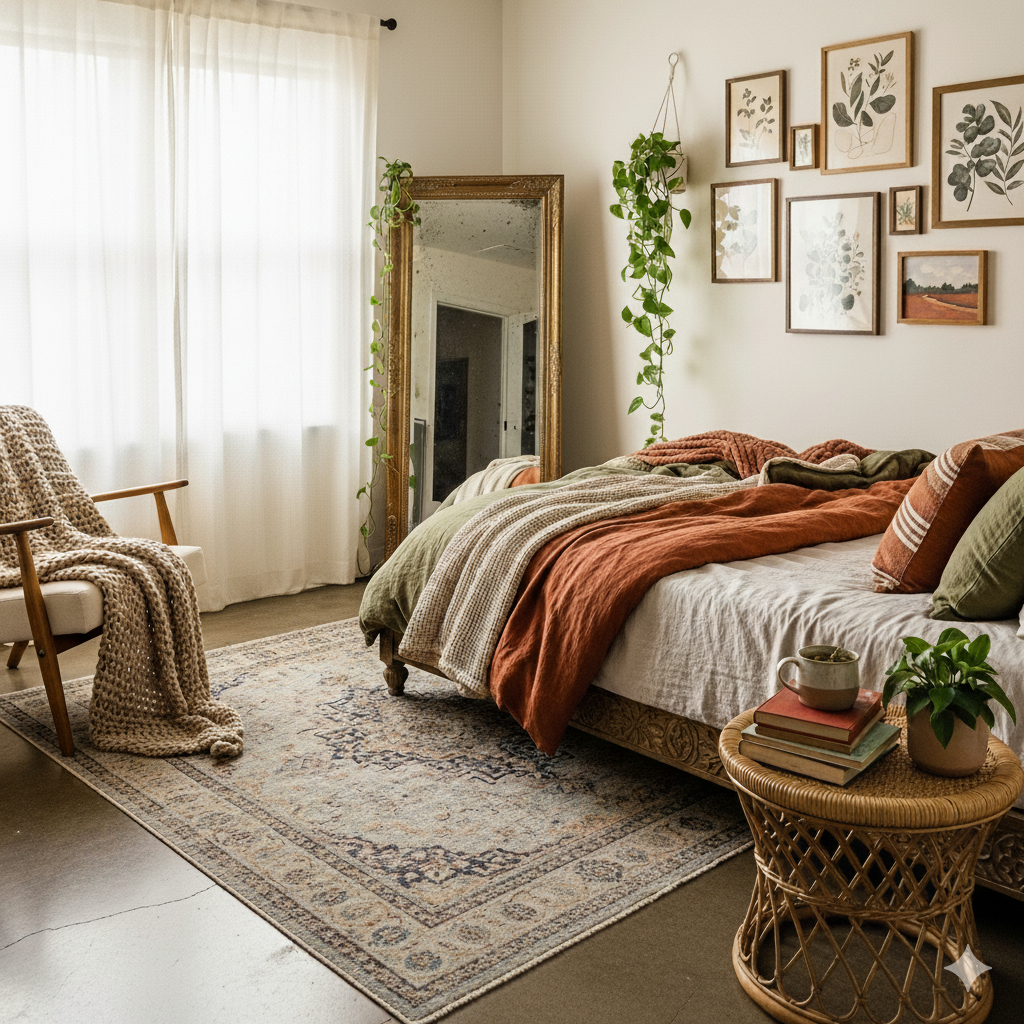 A serene bohemian bedroom featuring neutral colors, layered textiles, and natural decor accents.