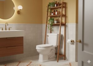 Wooden mid-century over-the-toilet shelf with slim legs and open shelving.