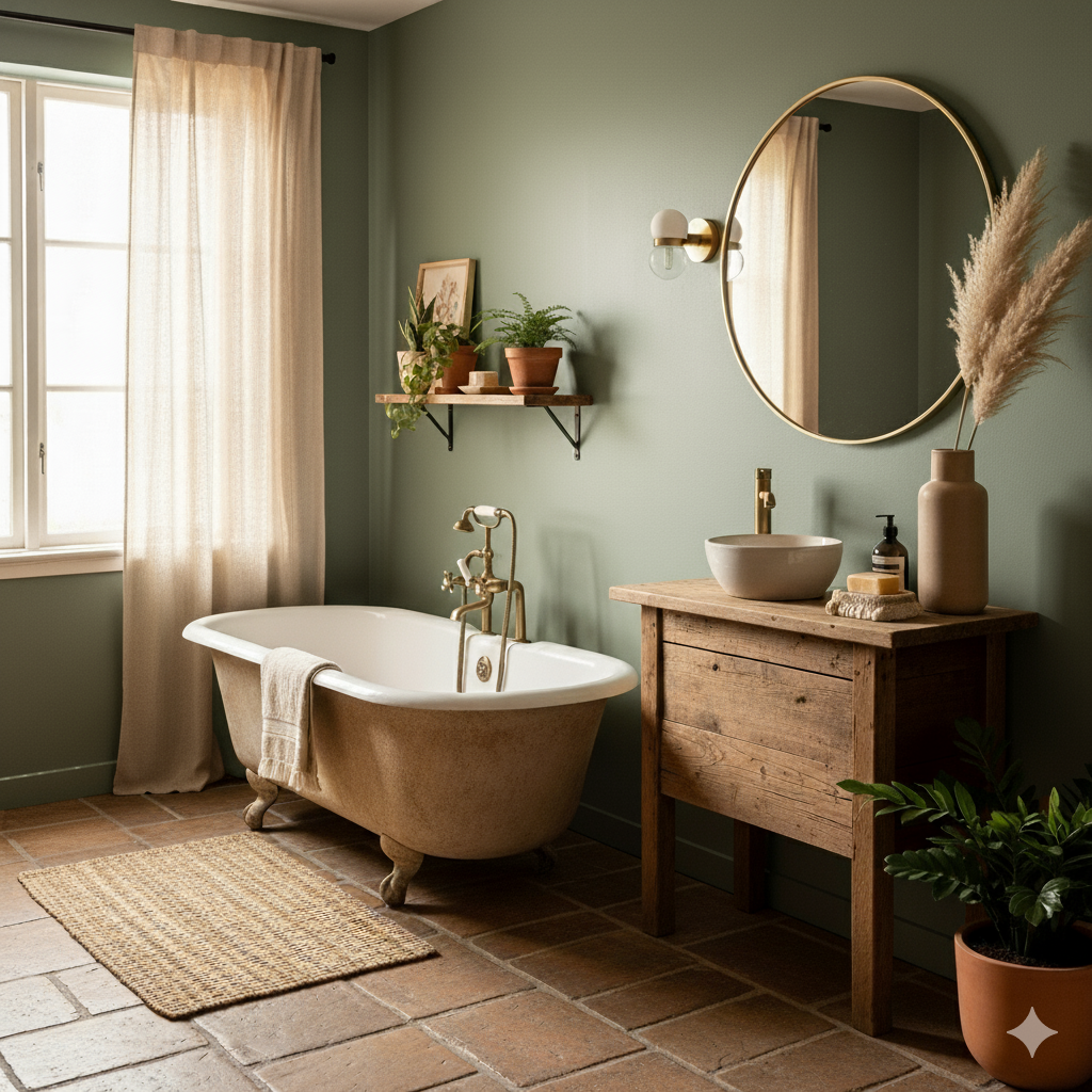 A bohemian bathroom with decorative elements