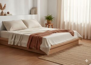 Neutral washed linen sheet set in soft beige tones on a bohemian-style bed, best bedding for every season 