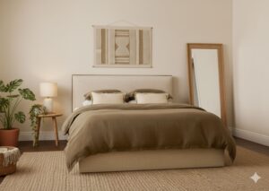 best bedding set. Earthy-toned European flax linen duvet cover with matching shams, styled in a cozy boho bedroom. 