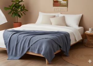 slate blue cotton blanket folded on a bohemian bed, ideal for layering in spring or fall.