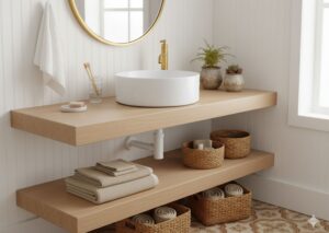 Antique brass vessel faucet styled in a bohemian bathroom