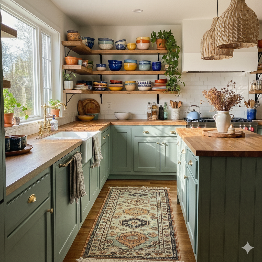 A bright bohemian kitchen featuring wooden shelves, green tone.