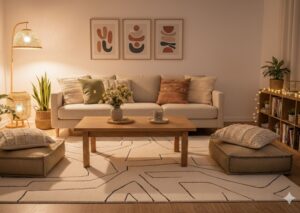 Wool living room rug in natural beige tones