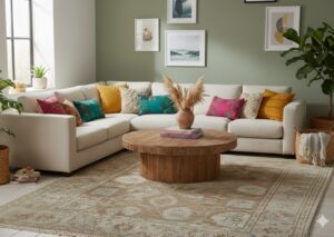 Playful patterned living room rug in neutral tones