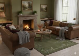 Olive green living room rug, medium pile, washable