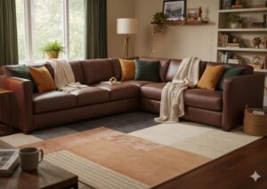 Geometric bohemian rug with beige and rose tones