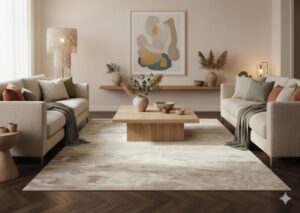 Marble-inspired living room rug in grey and brown