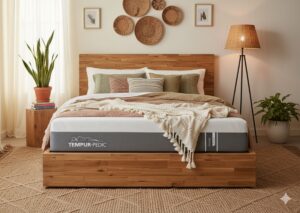the right mattress on a wooden bed frame in a beige boho-chic bedroom with decorative pillows and a cozy rug