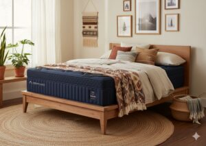 Navy king-size mattress on a wooden bed frame with boho-chic decor and natural fiber rug. the right mattress is in the middle of the room