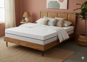 King-size mattress with white bedding and neutral pillows in a modern farmhouse bedroom