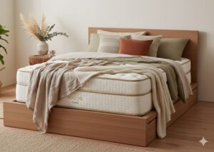 King-size mattress on a wooden frame with pampas grass decor and beige bedding