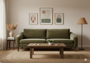AllModern Michaela Sofa in Chenille Cedar Green – modern small space sofa with clean lines and bohemian flair. 