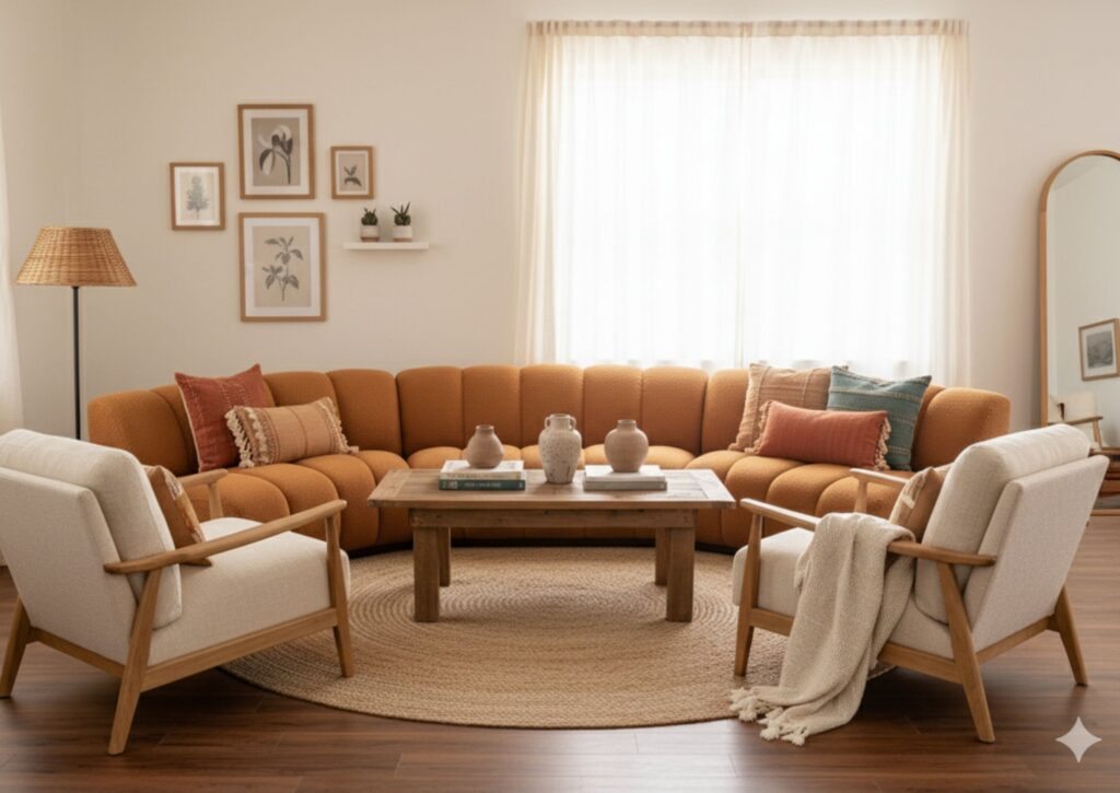 Castlery Marlow Bouclé L-Shape Sectional in Performance Ginger – stylish small space sofa with textured bohemian charm.