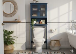 Navy blue over-the-toilet bathroom cabinet with upper doors and open shelves