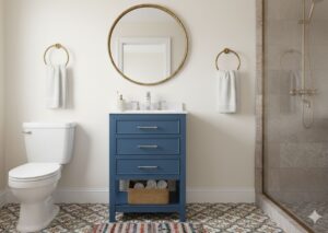 Teal slim vanity with sink and drawers for compact bathrooms