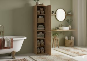 Tall white oak slim bathroom cabinet with shelves and doors