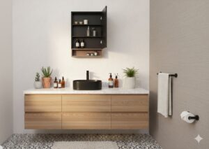 Wall-mounted medicine cabinet in matte black with chestnut oak finish