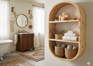 Elegant open burl wood shelving unit for bathroom display and storage
