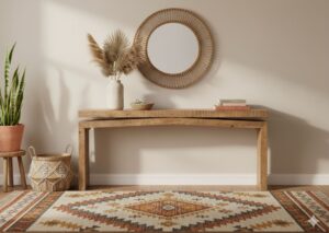  Bohemian entryway styled with the Anthropologie Matthes reclaimed pine console table featuring natural wood grain and earthy décor.