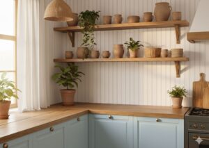 White beadboard peel-and-stick wallpaper backsplash in a bright boho kitchen