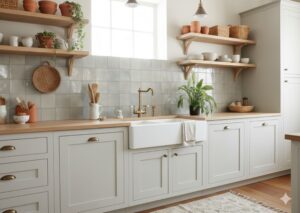 Zellige Fez gray peel-and-stick backsplash tile in a calm boho-inspired kitchen