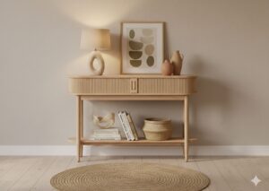 Fluted wooden console table styled with art prints and warm lighting for a modern boho home.