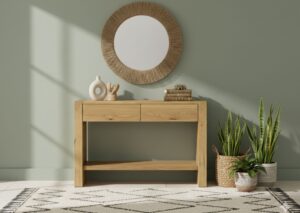 Modern bohemian hallway featuring the Castlery Bradley console table with drawers, decorated with ceramics and plants.