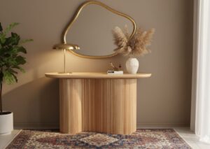 Elegant boho interior styled with the Anthropologie Scout burl wood fluted console table and brass accents.