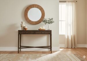 ozy entryway featuring the Kenna fluted 2-drawer console table with earthy accessories and warm light.