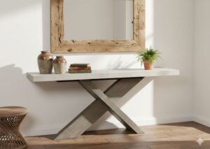 Rustic bohemian dining space featuring the Classic Home Durant console table with earthy pottery and soft lighting.
