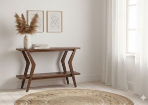 Minimalist boho living room with the AllModern Eldorado console table in light wood tones.