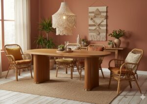 Warm wood dining table ideal to match paint furniture with earthy tones.