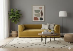 Vibrant velvet sofa showing how to match paint furniture with bold colors