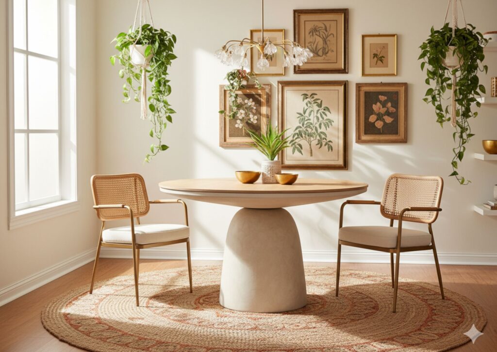 Leona Round Dining Table with oak veneer in boho dining corner