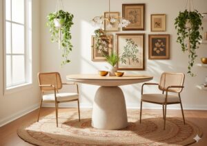 Leona Round Dining Table with oak veneer in boho dining corner