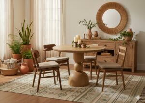 Brooke Round Dining Table in natural wood staged in boho apartment