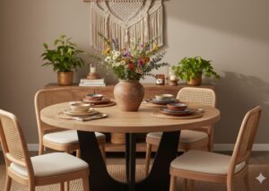 Sawyer Round Dining Table oak and black base styled in boho space