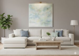 Bold framed abstract acrylic painting on a textured wall with natural decor.