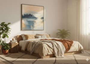 Warm golden oil painting in a modern boho room