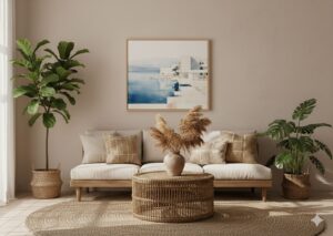 Minimalist beige coastal wall art above a rattan sofa in a boho living room.