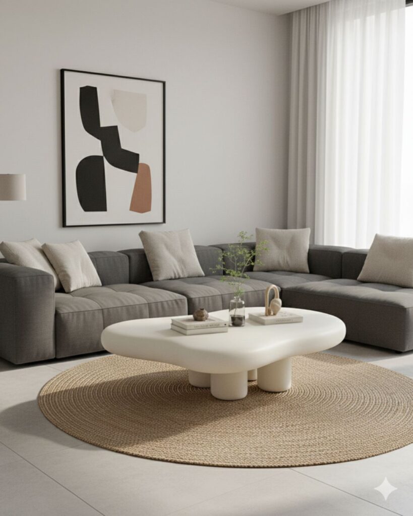 Soft cream cloud-shaped coffee table with smooth rounded edges in a simple boho living room setup