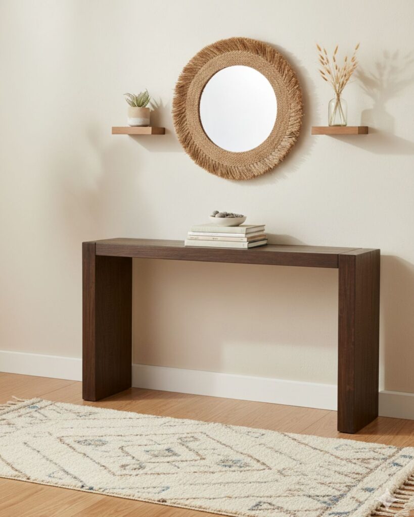 Solid acacia wood counter-height console table, rich natural wood grain with wire-brushed distressing in a laid-back boho living space