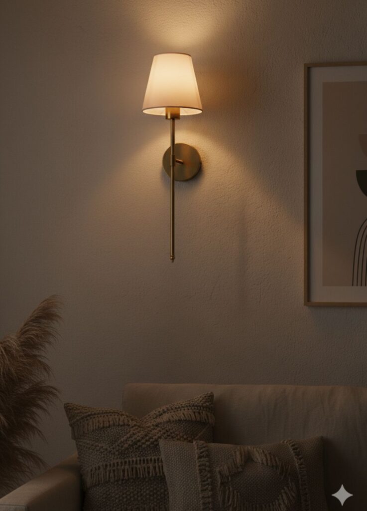 Rechargeable dimmable wall lamp lighting up a cozy boho living room with warm earthy tones and natural textures.
