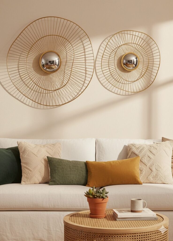 Rose-gold framed wall mirror set in a boho chic living room with rattan console and natural texture accents.