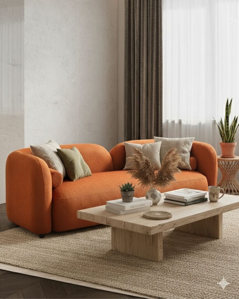 Ivory bouclé curvy-arm sofa in a boho chic living room with natural wood accents and soft textures.