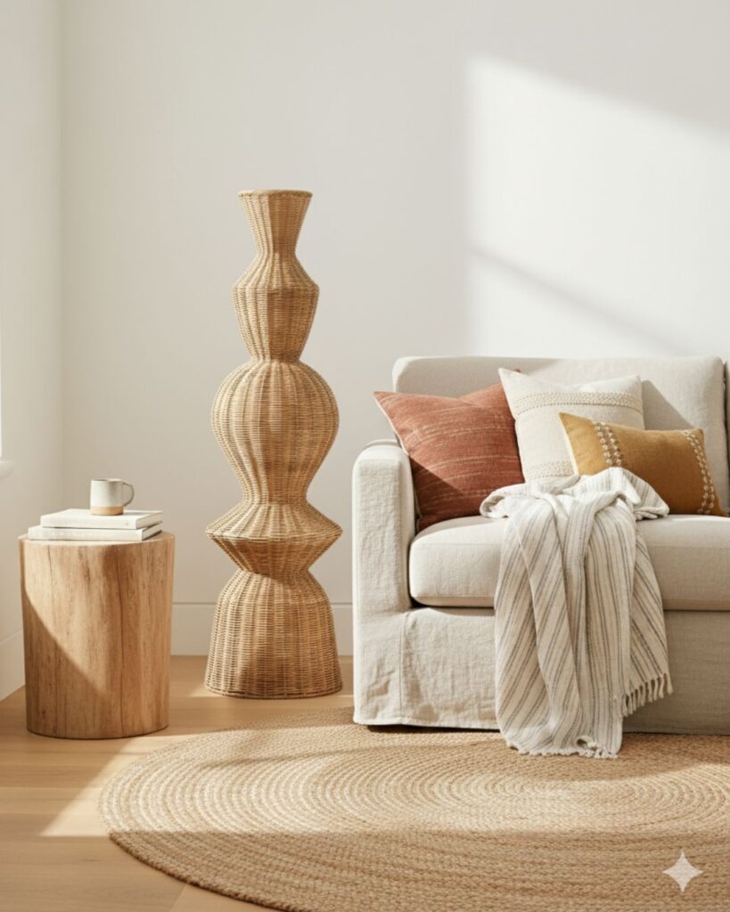 Tall woven wicker floor vases in a boho chic living room corner with natural textures and warm light.