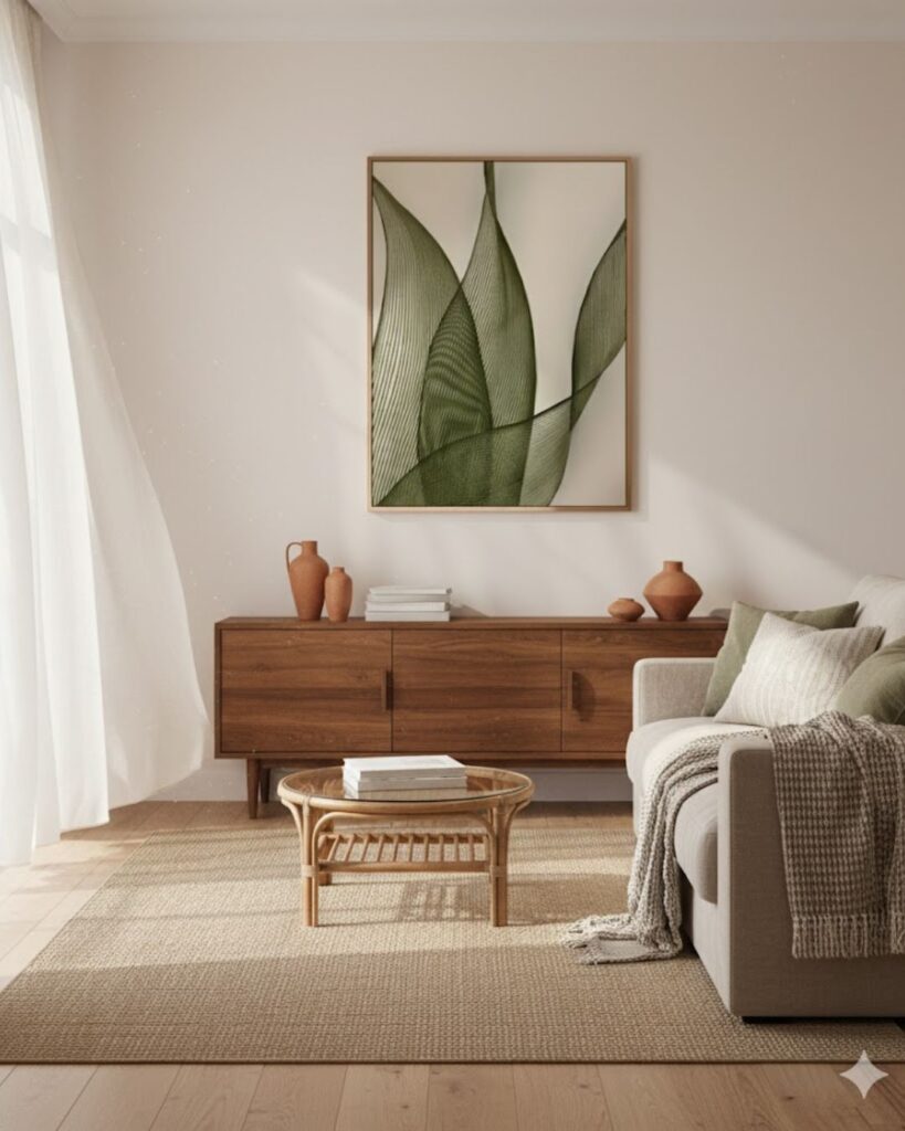 Green abstract wall art print in a boho chic living room with natural textures and warm light.