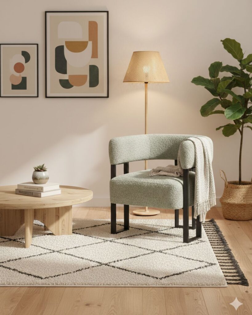 Minimal bohemian living room with a bouclé upholstered armchair and natural textures